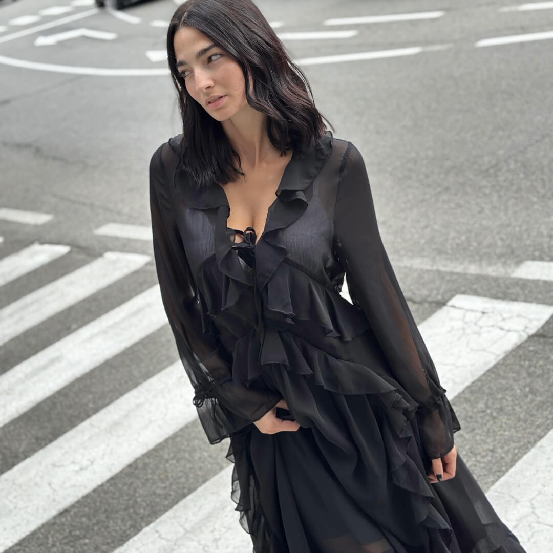 OF - Abito lungo Jade rouches nero