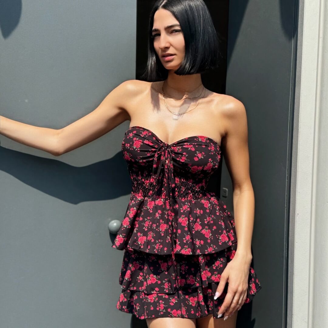 LM - Abito Micky nero fiori rossi