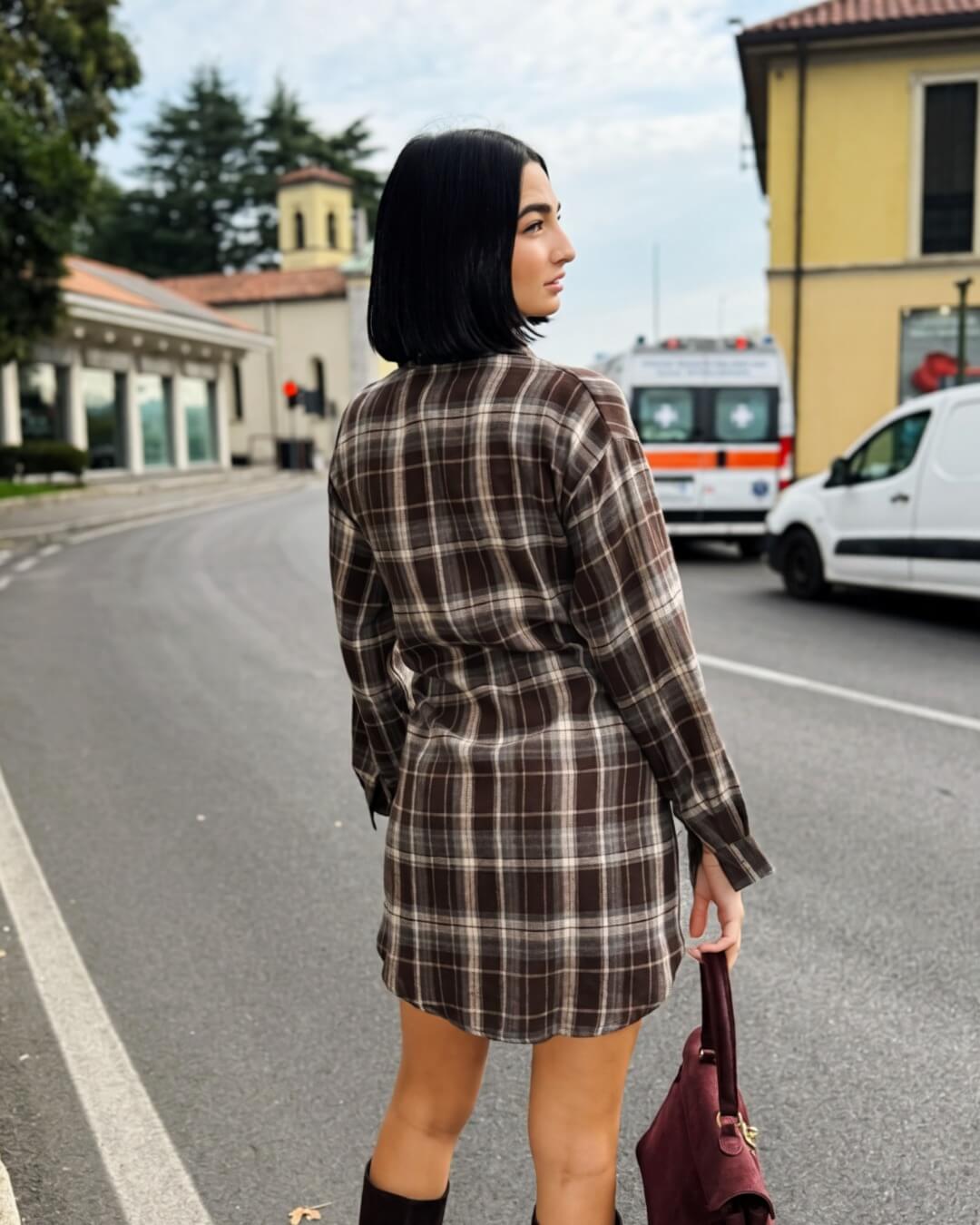 OF - Abito Silvyette quadri marrone con alamari