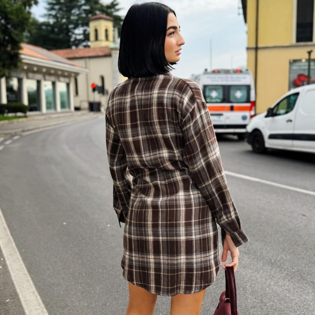 OF - Abito Silvyette quadri marrone con alamari