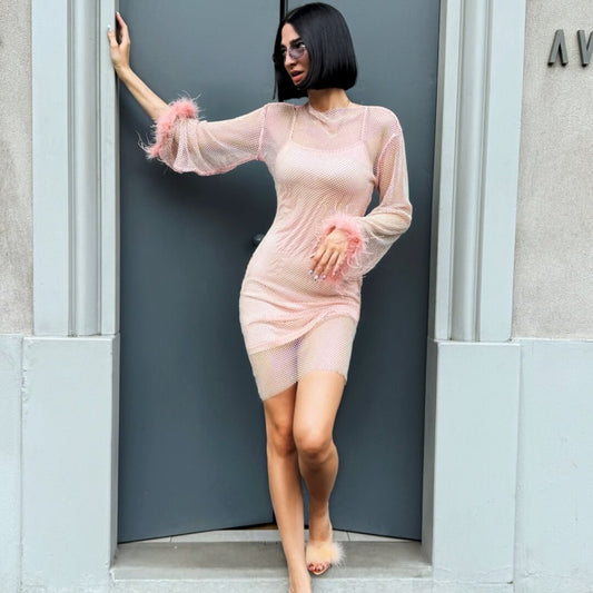 LM - Abito Brittany rosa rete strass con piume
