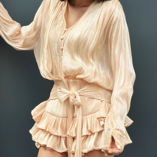 LM - Abito Miriam rouches beige con inserto pizzo