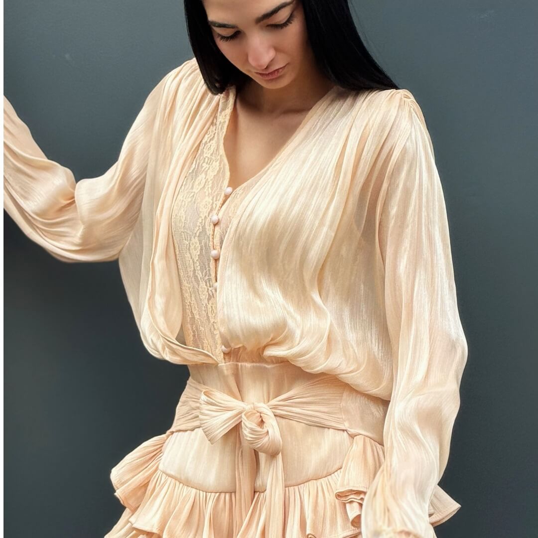 OF - Abito Miriam rouches beige con inserto pizzo