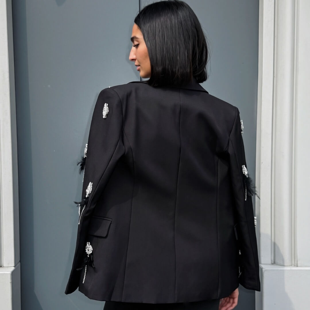 OF - Blazer Plume nero con pietre e piume