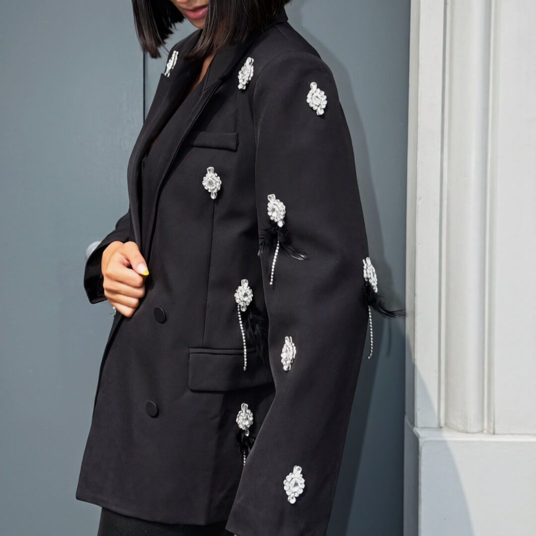 OF - Blazer Plume nero con pietre e piume