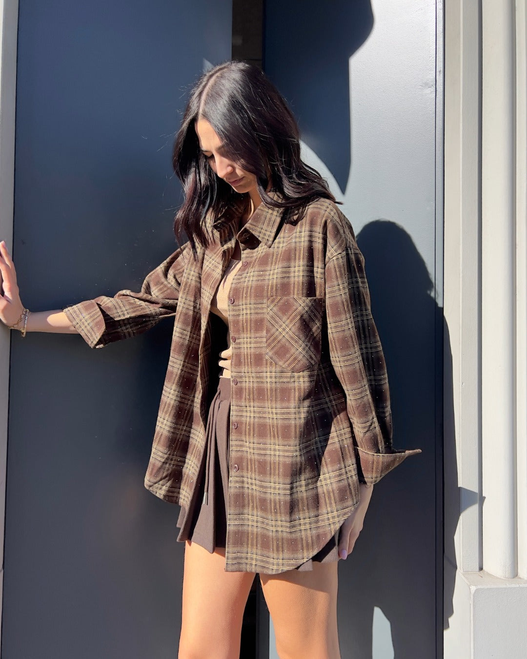 OF - Camicia Square marrone/verde con strass