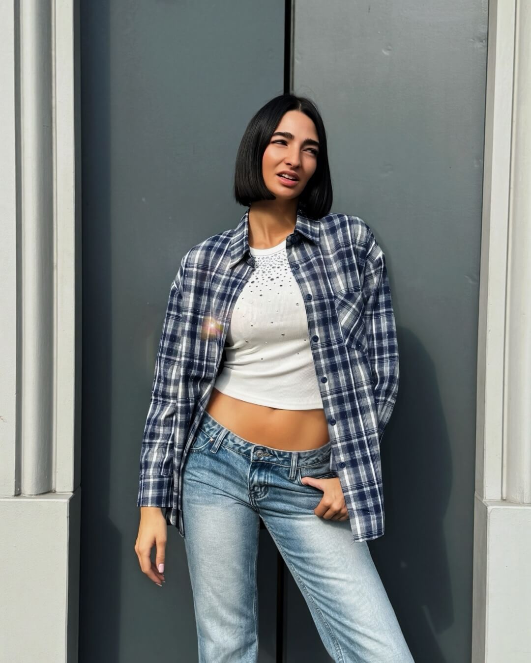 OF - Camicia Square blu con strass