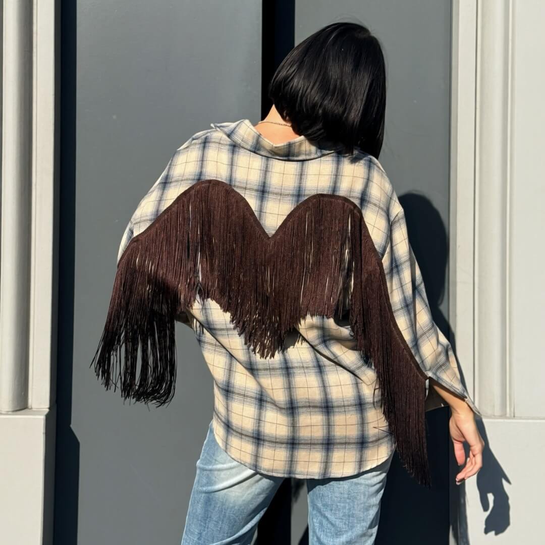 LM - Camicia Jamie beige/blu a quadri con frange marroni