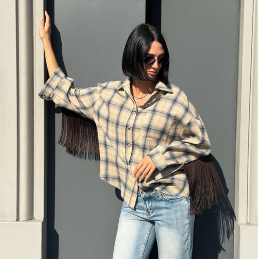 OF - Camicia Jamie beige/blu a quadri con frange marroni