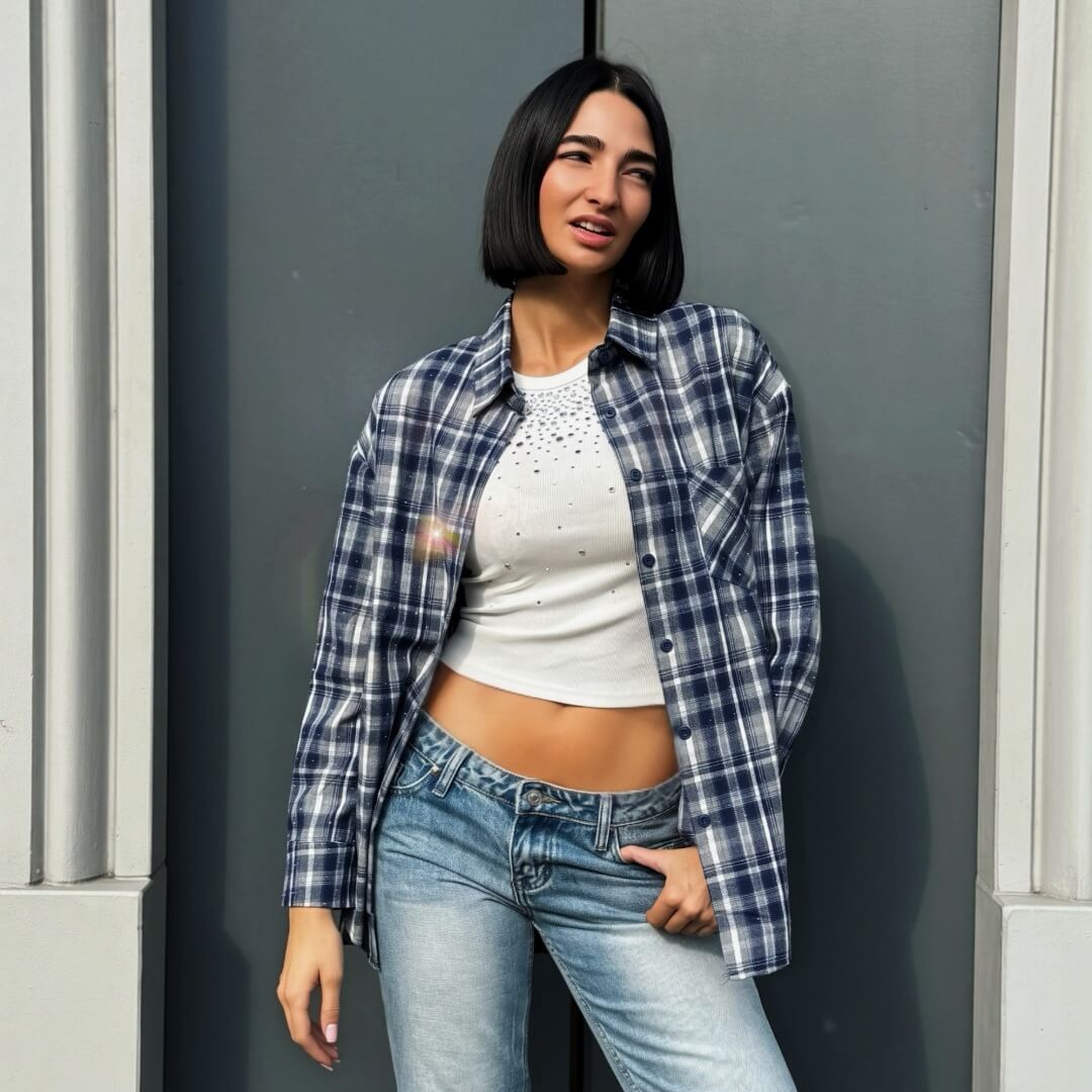 LM - Camicia Square blu con strass
