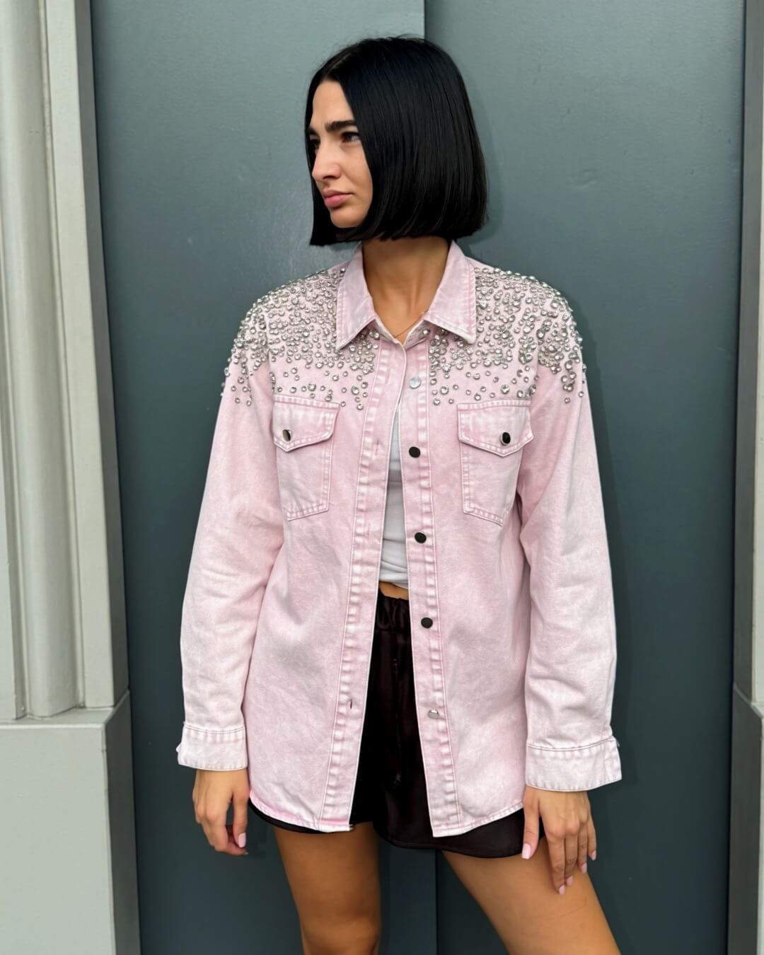 OF - Camicia Sabrina denim rosa con pietre