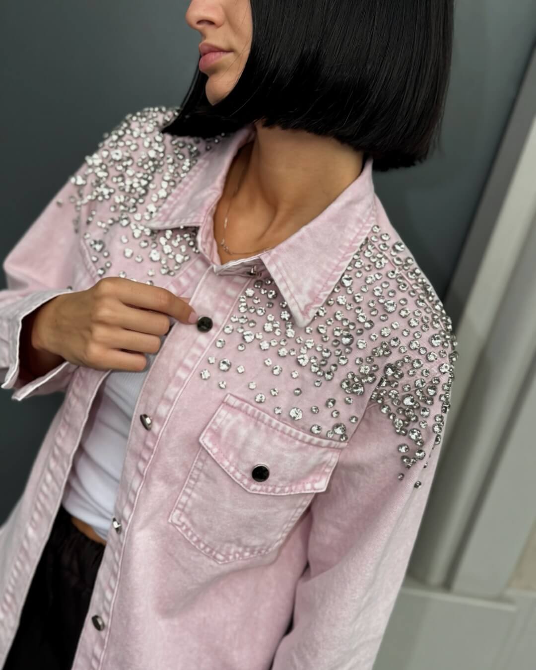 OF - Camicia Sabrina denim rosa con pietre