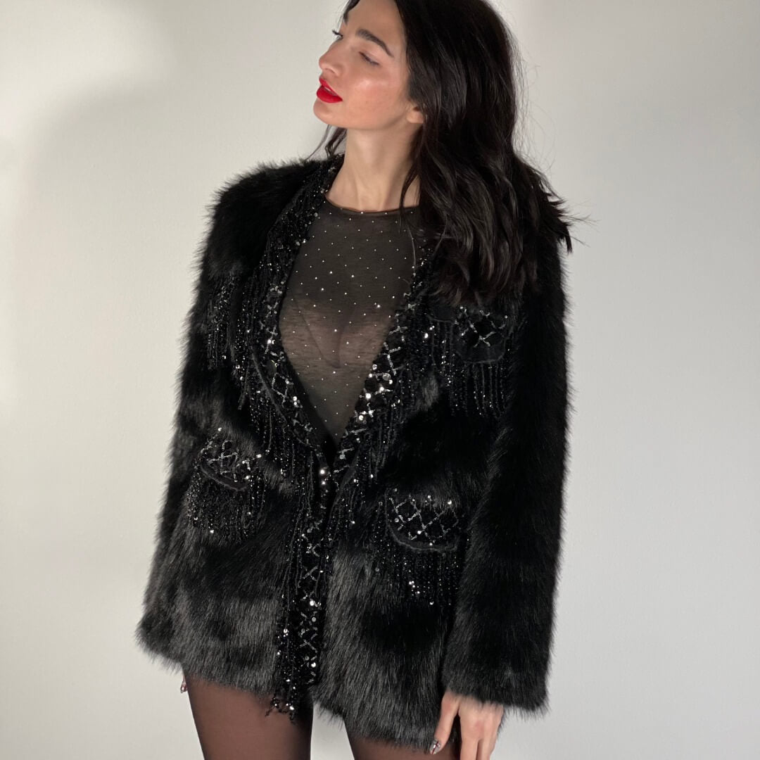 LM - Ecopelliccia Michelle nero con strass e pietre