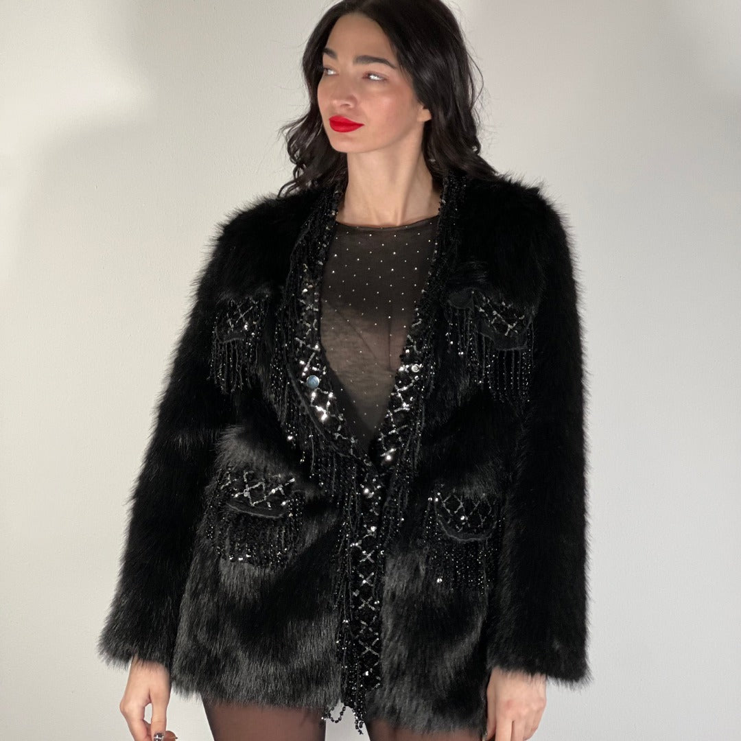 OF - Ecopelliccia Michelle nero con strass e pietre