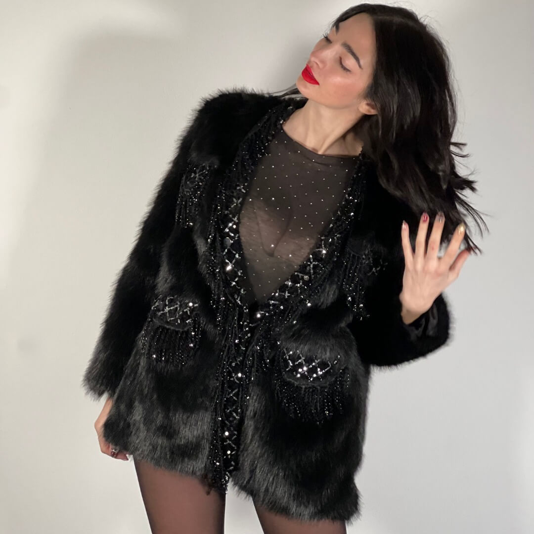 OF - Ecopelliccia Michelle nero con strass e pietre