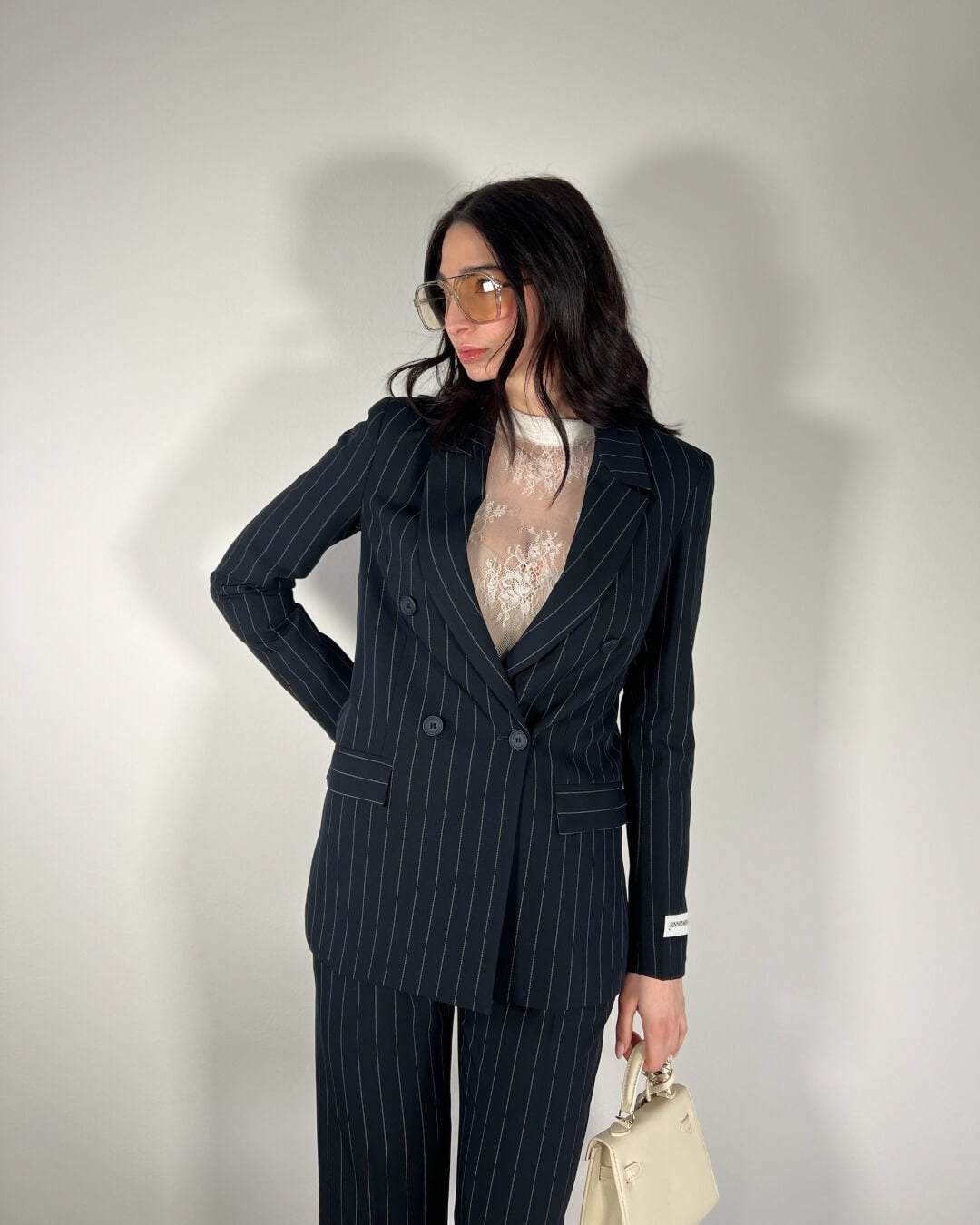 OF - Hinnominate Giacca gessata doppiopetto con spalline blu