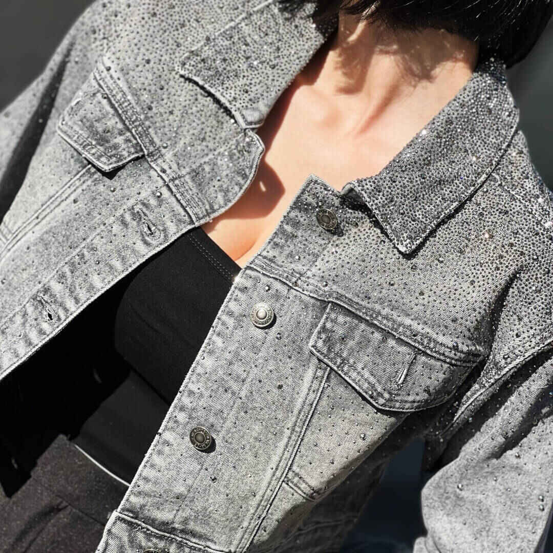 OF - Giacca Lily denim grigio con strass