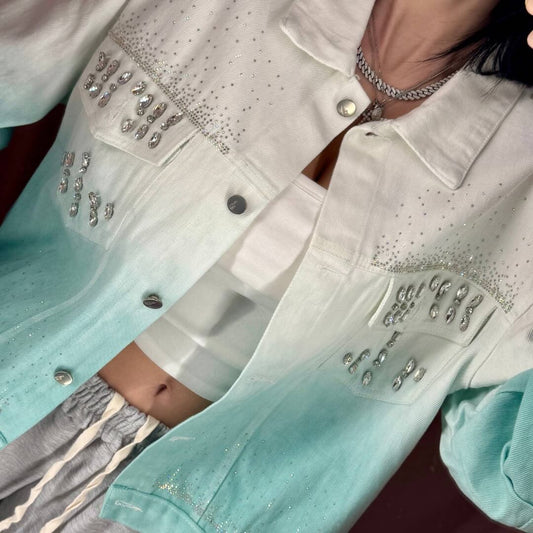 OF - Giacca Petra denim con strass e pietre