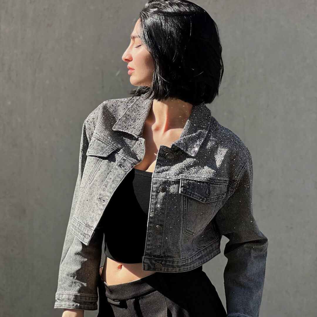 LM - Giacca Lily denim grigio con strass