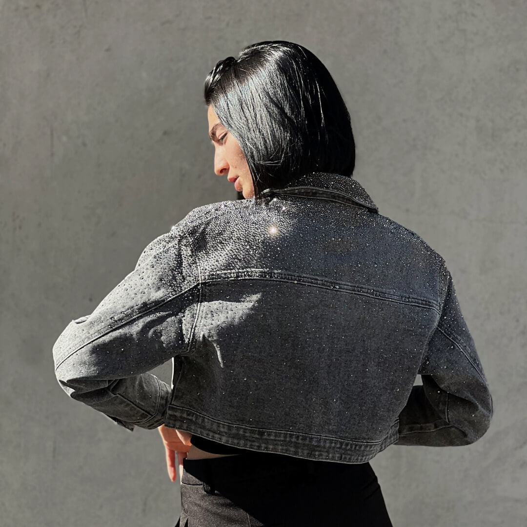 OF - Giacca Lily denim grigio con strass