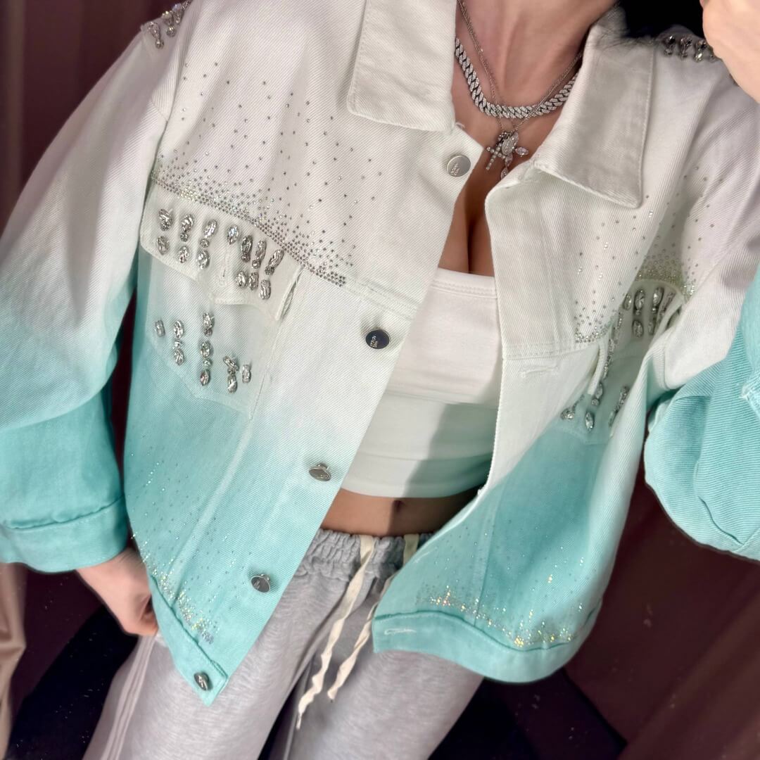 OF - Giacca Petra denim con strass e pietre