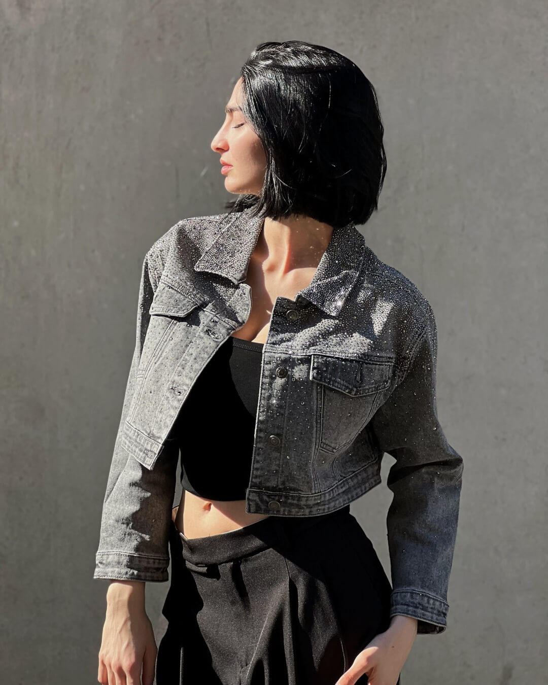 OF - Giacca Lily denim grigio con strass