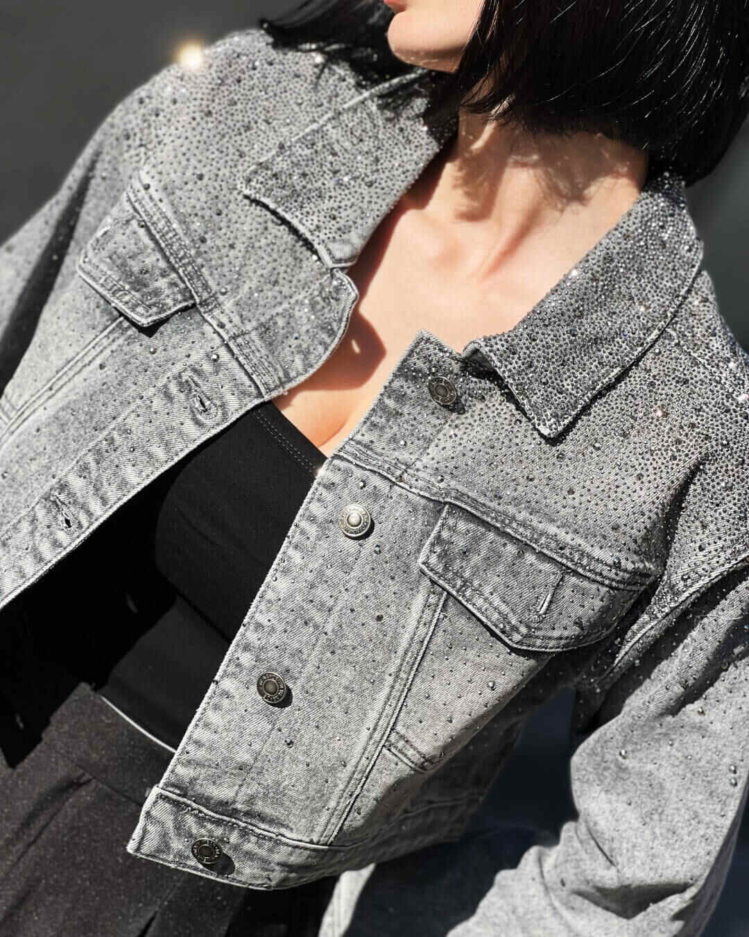 OF - Giacca Lily denim grigio con strass
