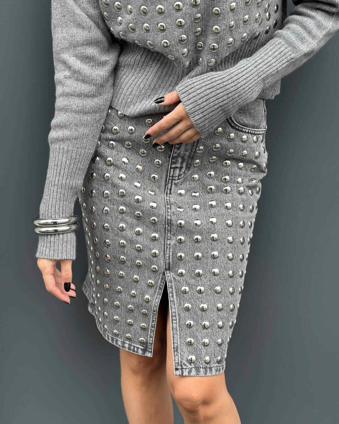 OF - ODI ET AMO Gonna Ben denim grigio con borchie