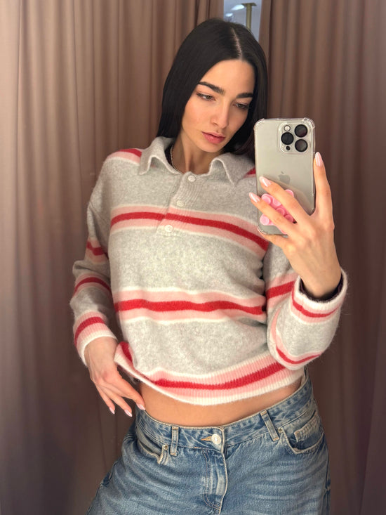 LM - Maglione Polo righe grigio rosa