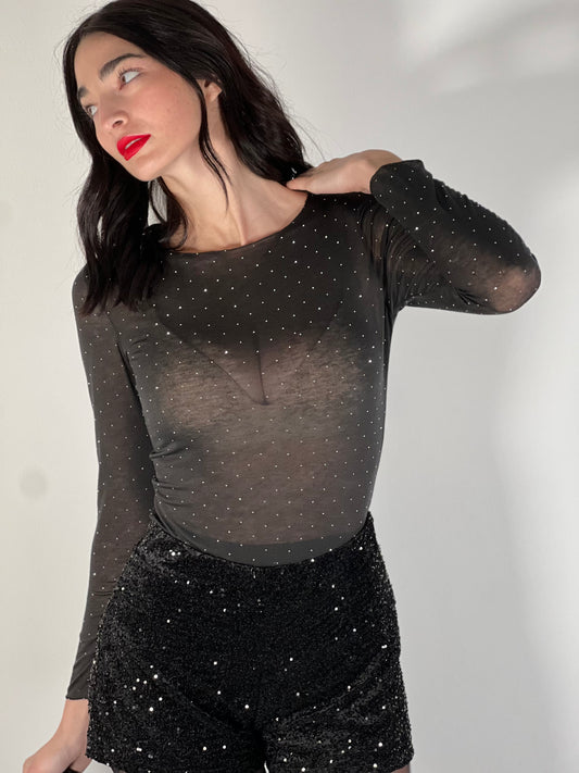OF - Maglia Hela ultralight cashmere nero con strass