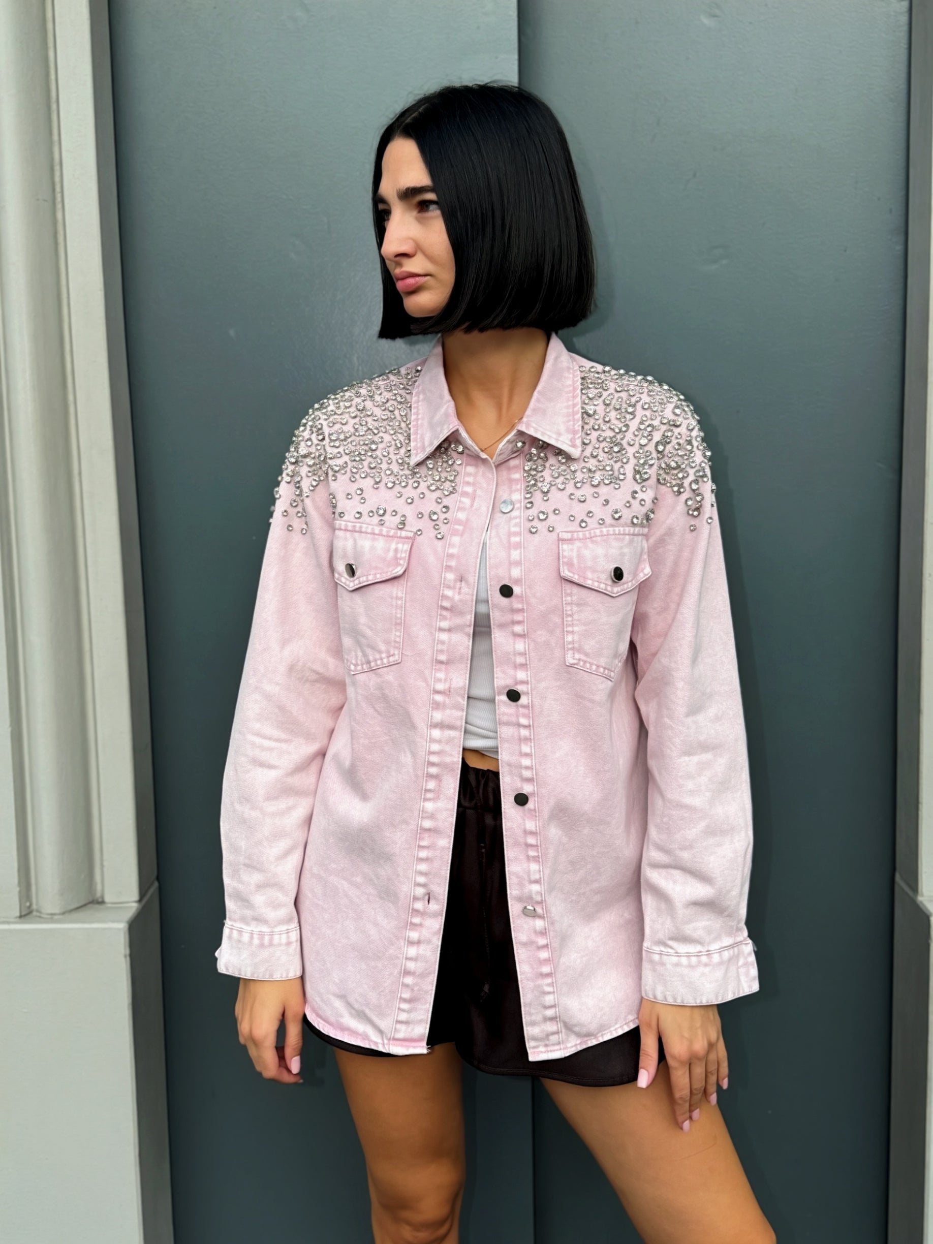 LM - Camicia Sabrina denim rosa con pietre