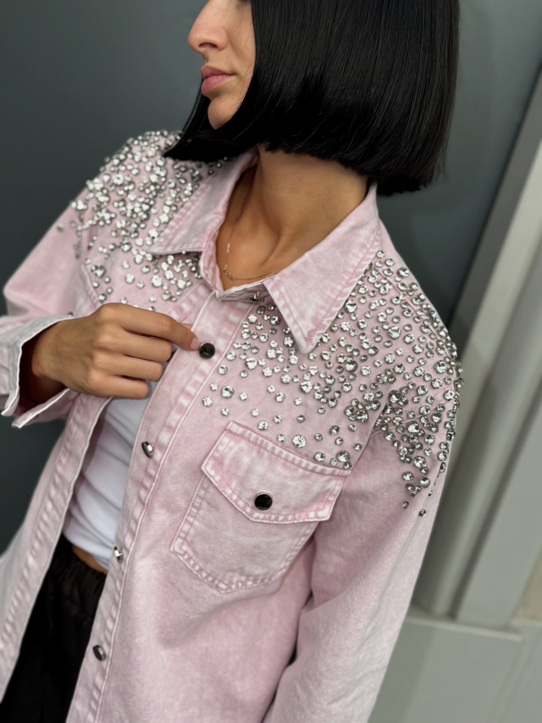 OF - Camicia Sabrina denim rosa con pietre