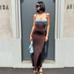 LM - Abito Martina marrone con inserto pizzo celeste