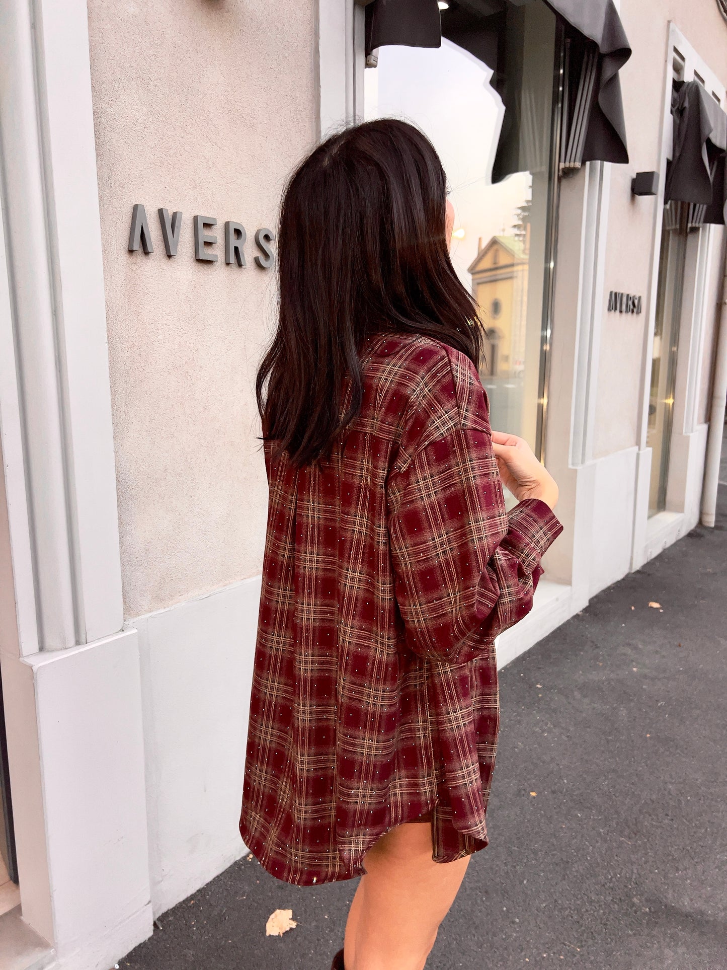 OF - Camicia Square bordeaux con strass