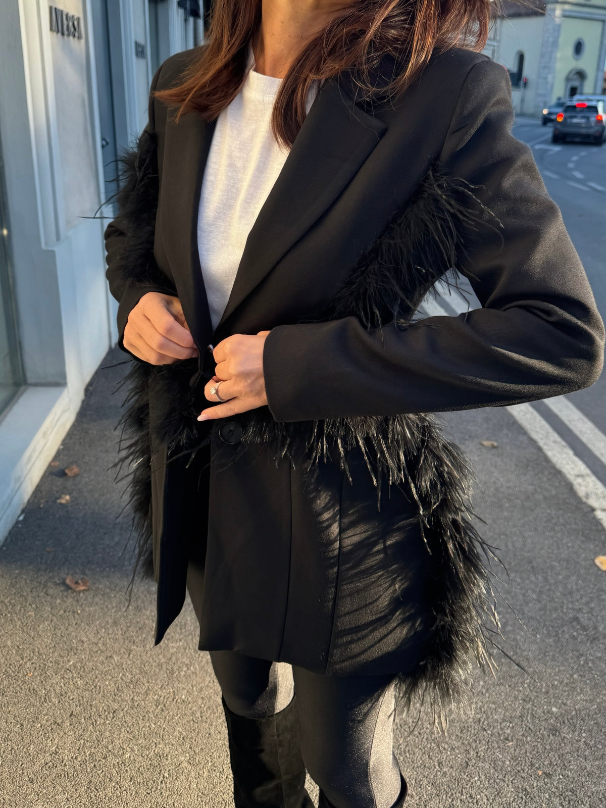 OF - LUMINA Blazer Holland nero con piume nere