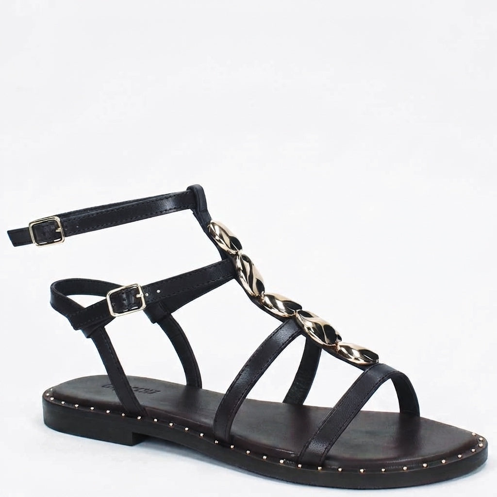LM - Sandalo basso Tia nero con accessorio oro