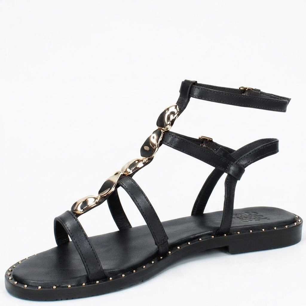 LM - Sandalo basso Tia nero con accessorio oro