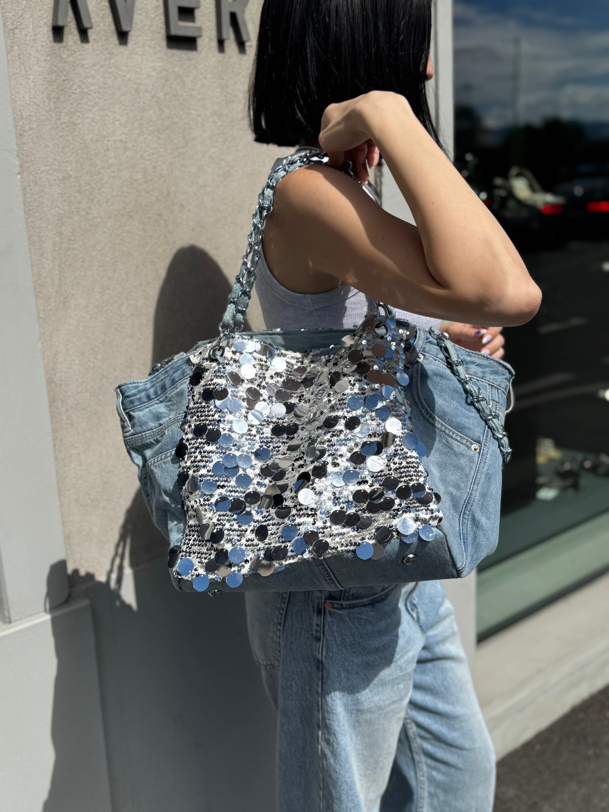 LM - Borsa Biggie denim con strass argento