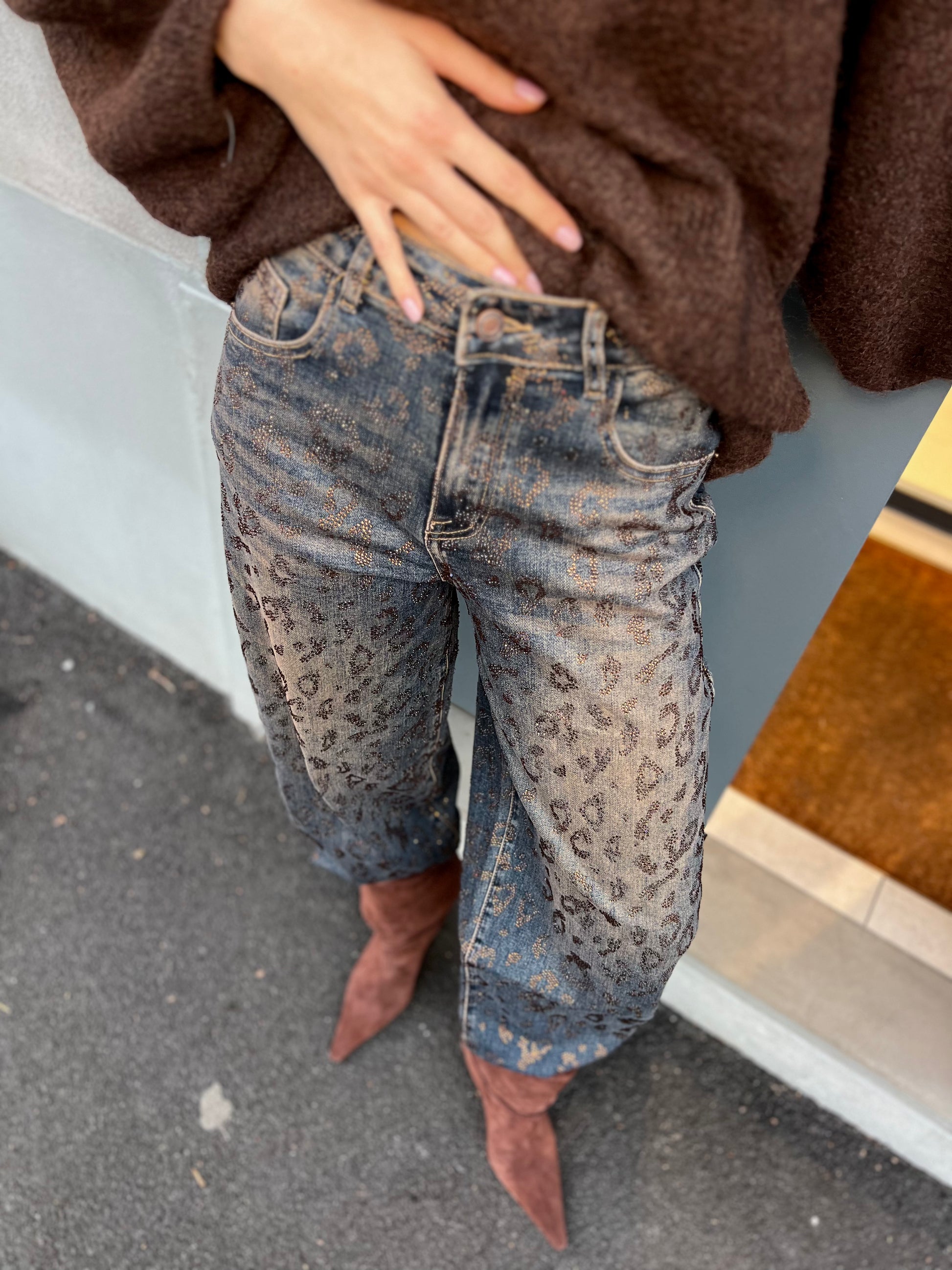 LM - Jeans April slavato denim blue animalier strass