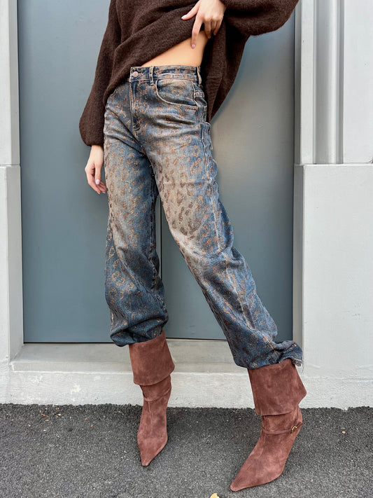 OF - Jeans April slavato denim blue animalier strass