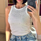 LM - Top Shiny bianco con borchie e strass