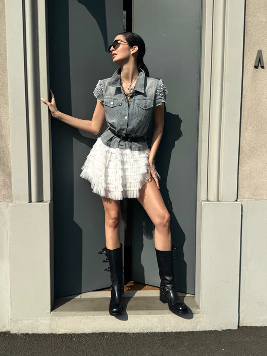 LM - Abito Virgin denim e tulle bianco