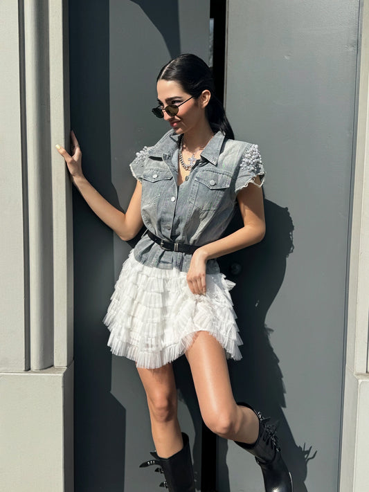 OF - Abito Virgin denim e tulle bianco