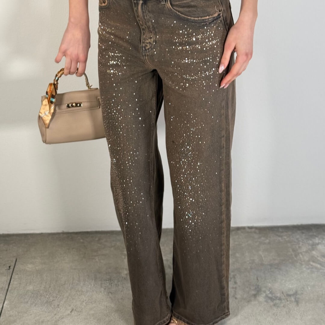 OF - Jeans Fumè marrone con strass