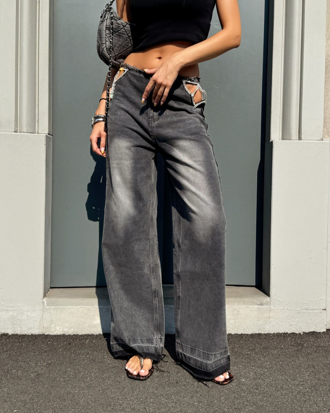 OF - Jeans Starlight grigio vintage con inserto strass