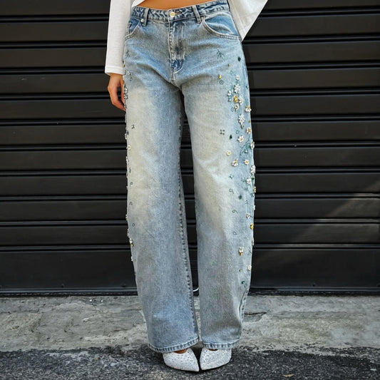 OF - Jeans Flores de Madrid con pietre