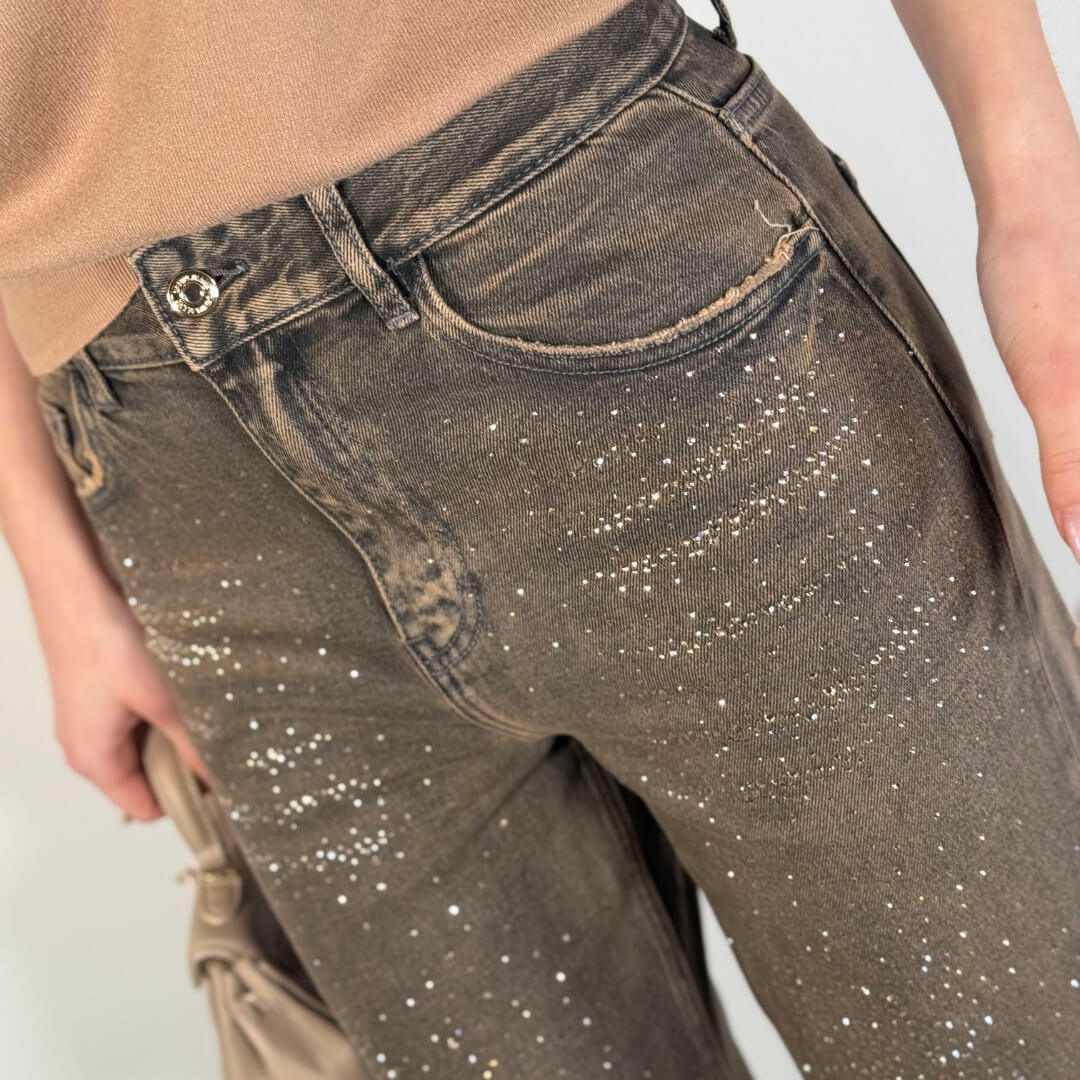 OF - Jeans Fumè marrone con strass