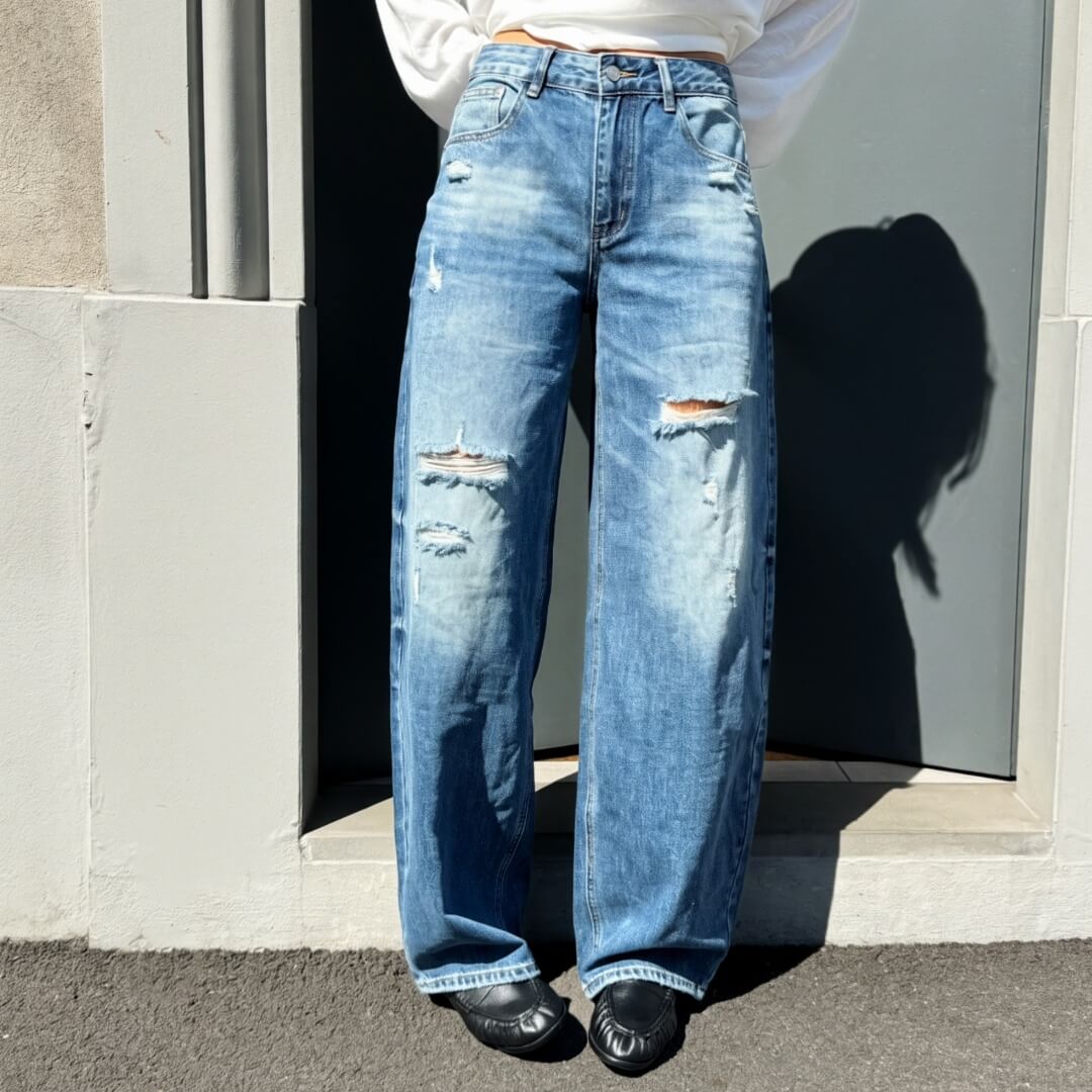 OF - Jeans Flinn denim blue baloon con strappi