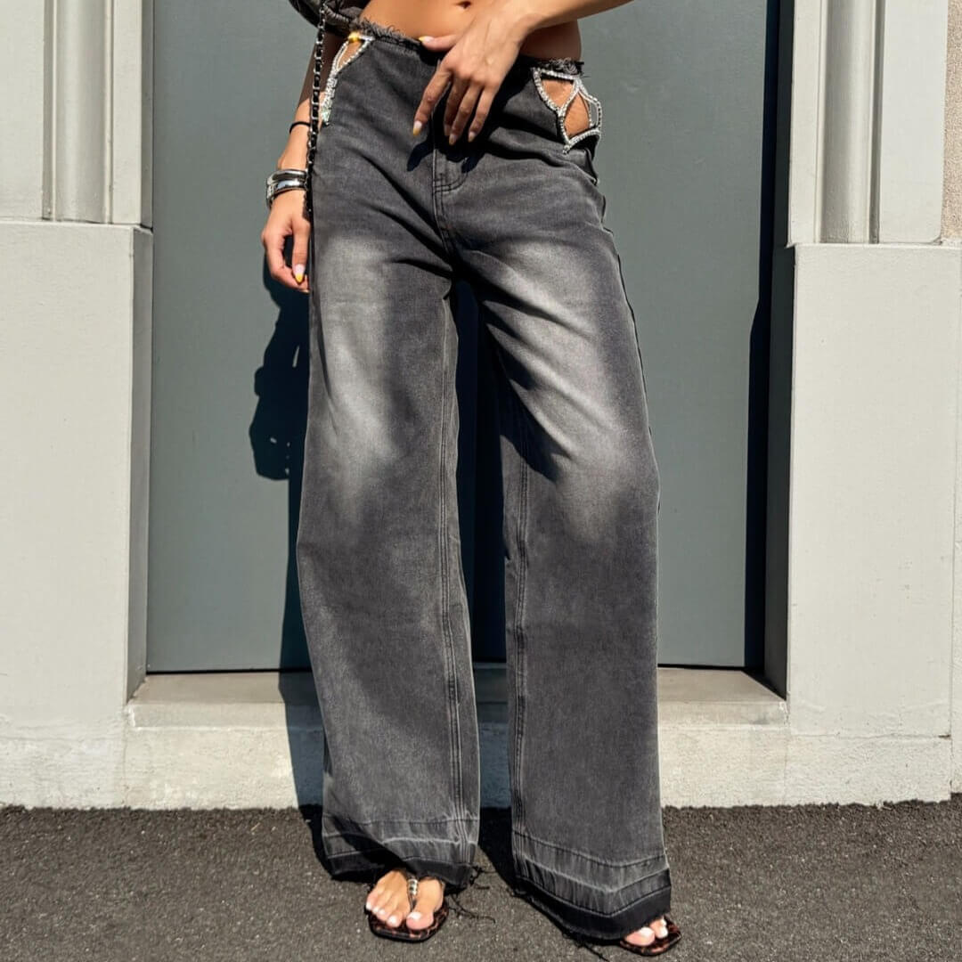OF - Jeans Starlight grigio vintage con inserto strass