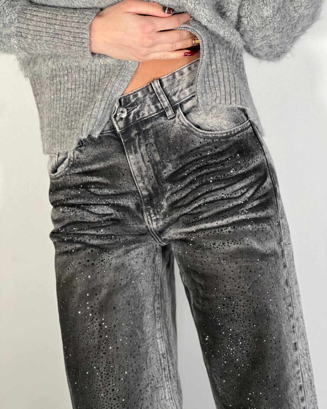 OF - Jeans Marlon grigio vintage con strass